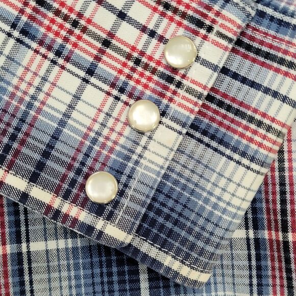 Vintage 70s Wrangler Western Shadow Plaid Shirt Large 21x29 Blue - Picture 9 of 13